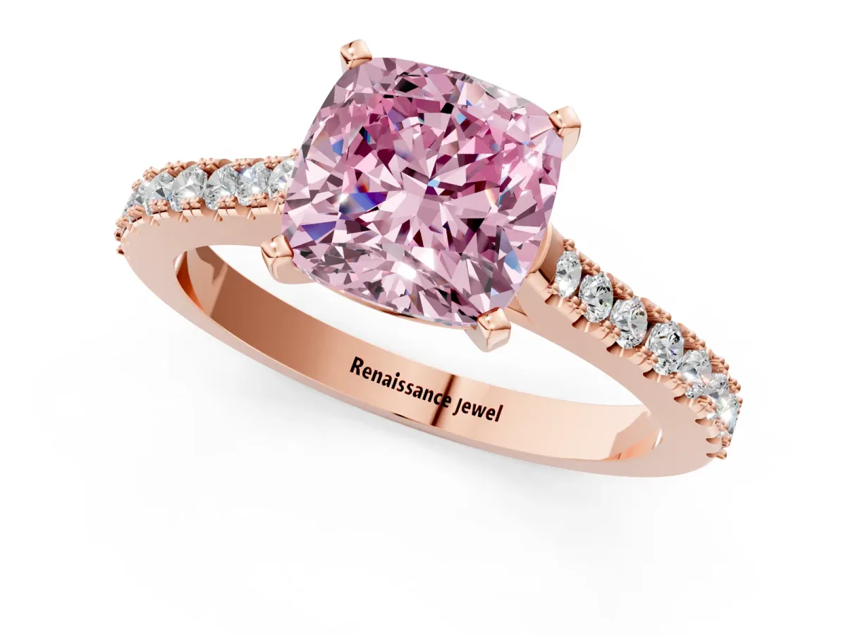 Fancy Pink Cushion Cut Cut Solitaire Diamond Engagement Ring with Pave Band and Four-Prong Setting Rose gold
