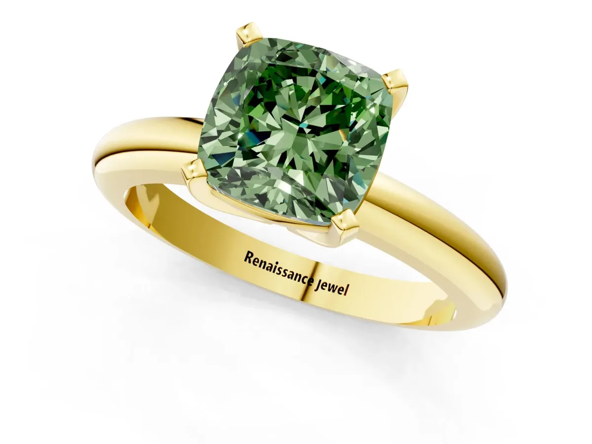 Fancy Green Cushion Cut Diamond Solitaire Engagement Ring with Round Band and Four-Prong Setting Yellow gold