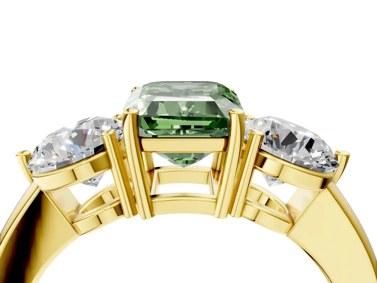 Fancy Green Emerald Cut Diamond Three-Stone Ring with Prong Setting and Classic Band Yellow gold