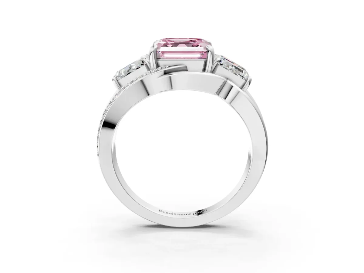 Fancy Pink Three-Stone Asscher Cut Cut Diamond Split Shank Prong Set Ring Platinum