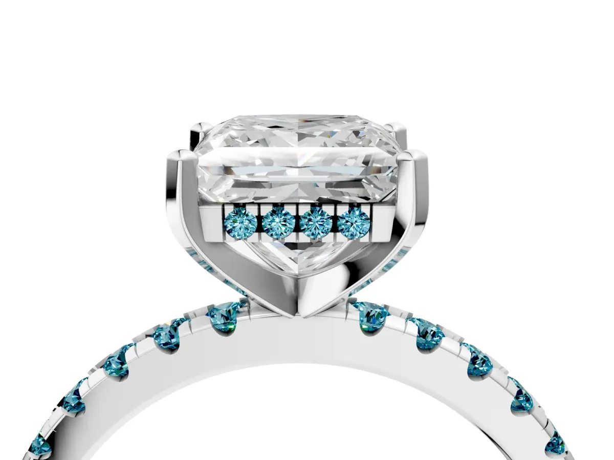 Princess Cut Diamond Solitaire Ring with Round Blue Topaz Pavé Band and Four-Prong Setting White gold