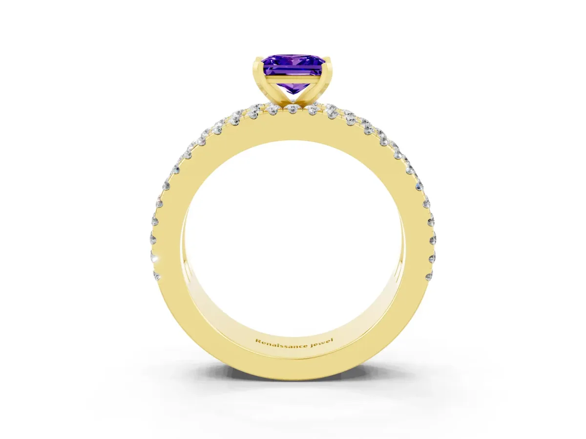 Princess Cut Tanzanite Solitaire Ring with Pavé and Channel Set Band Yellow gold