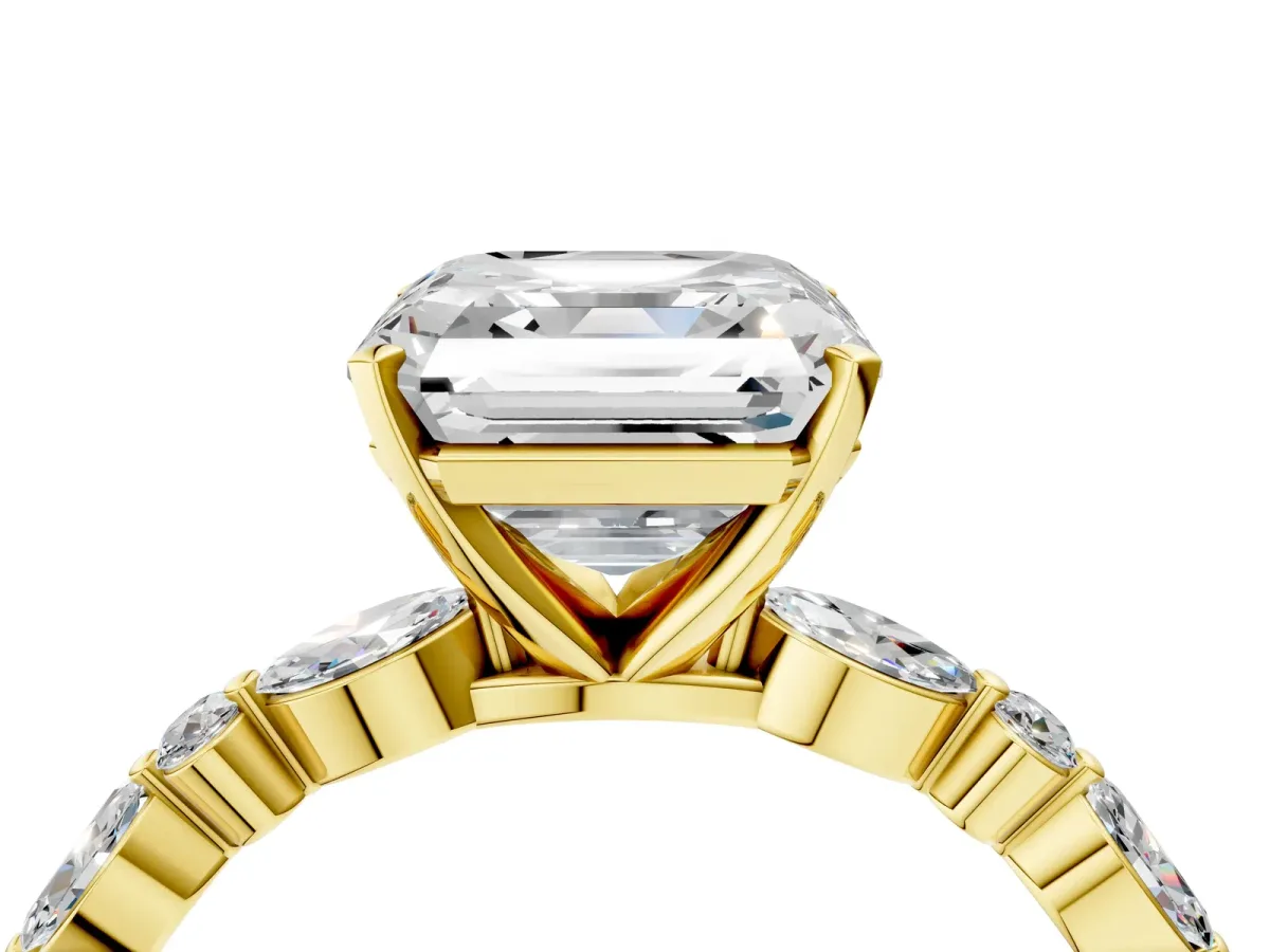Asscher Cut Diamond Ring with Marquise and Round Side Stones and Four-Prong Setting Yellow gold