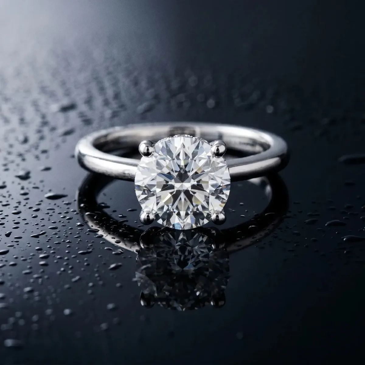 Round Cut Solitaire Diamond Ring with Prong Setting and Plain Band Platinum