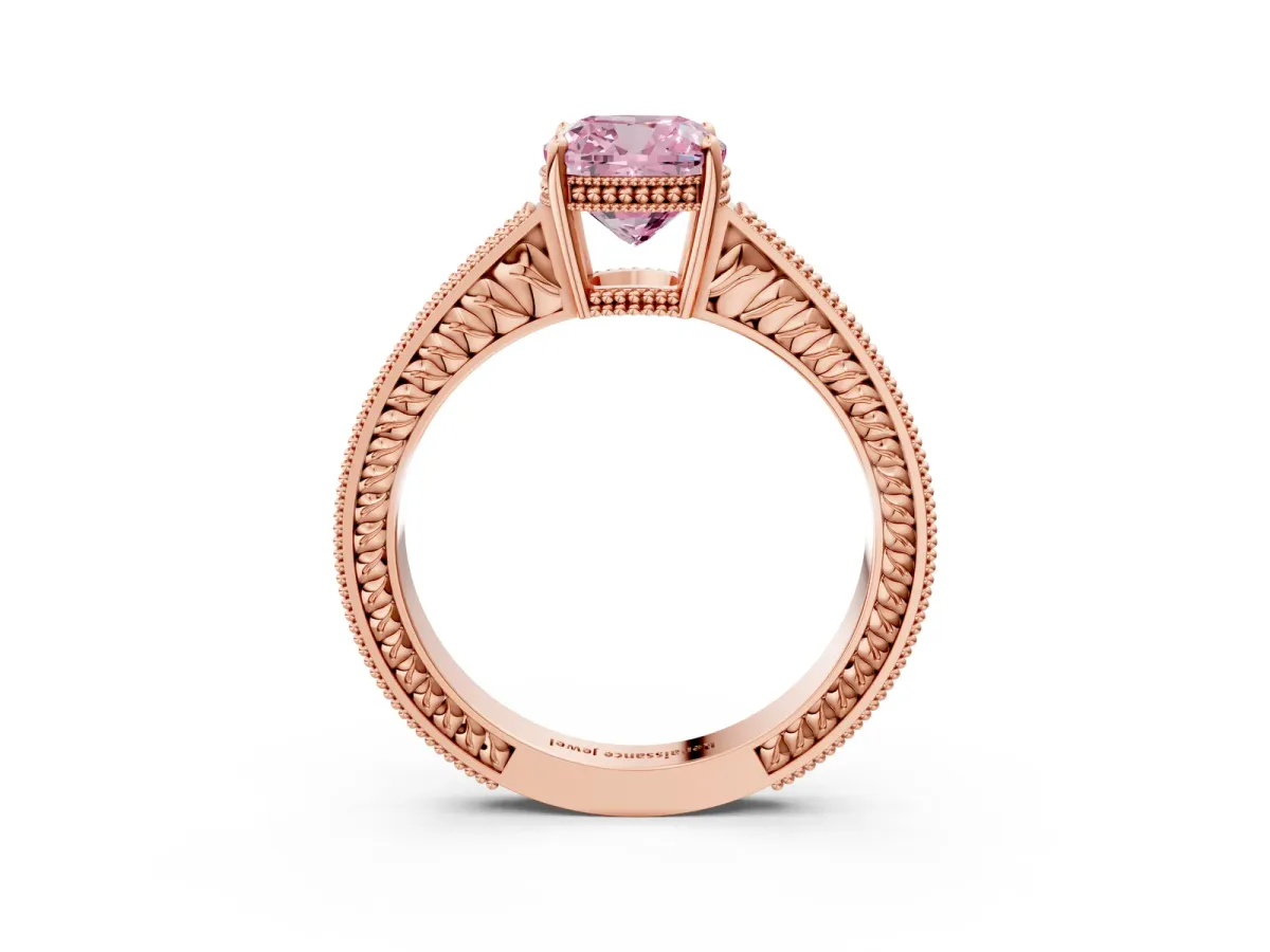 Fancy Pink Cushion Cut Diamond Engagement Ring with Milgrain Channel Set Band and Prong Setting Rose gold