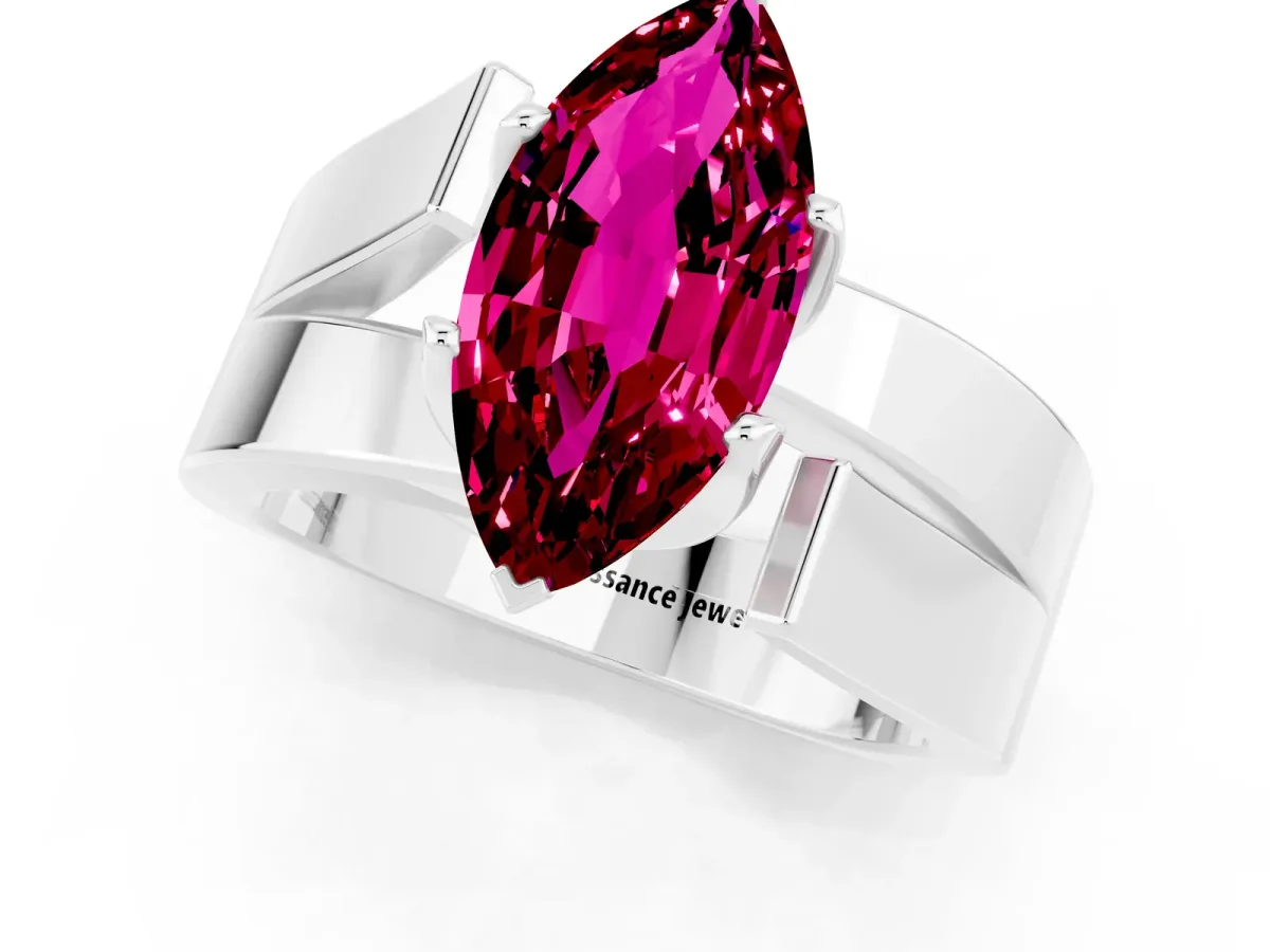 Modern Tension Set Marquise Cut Garnet Solitaire Wide Band Ring Silver