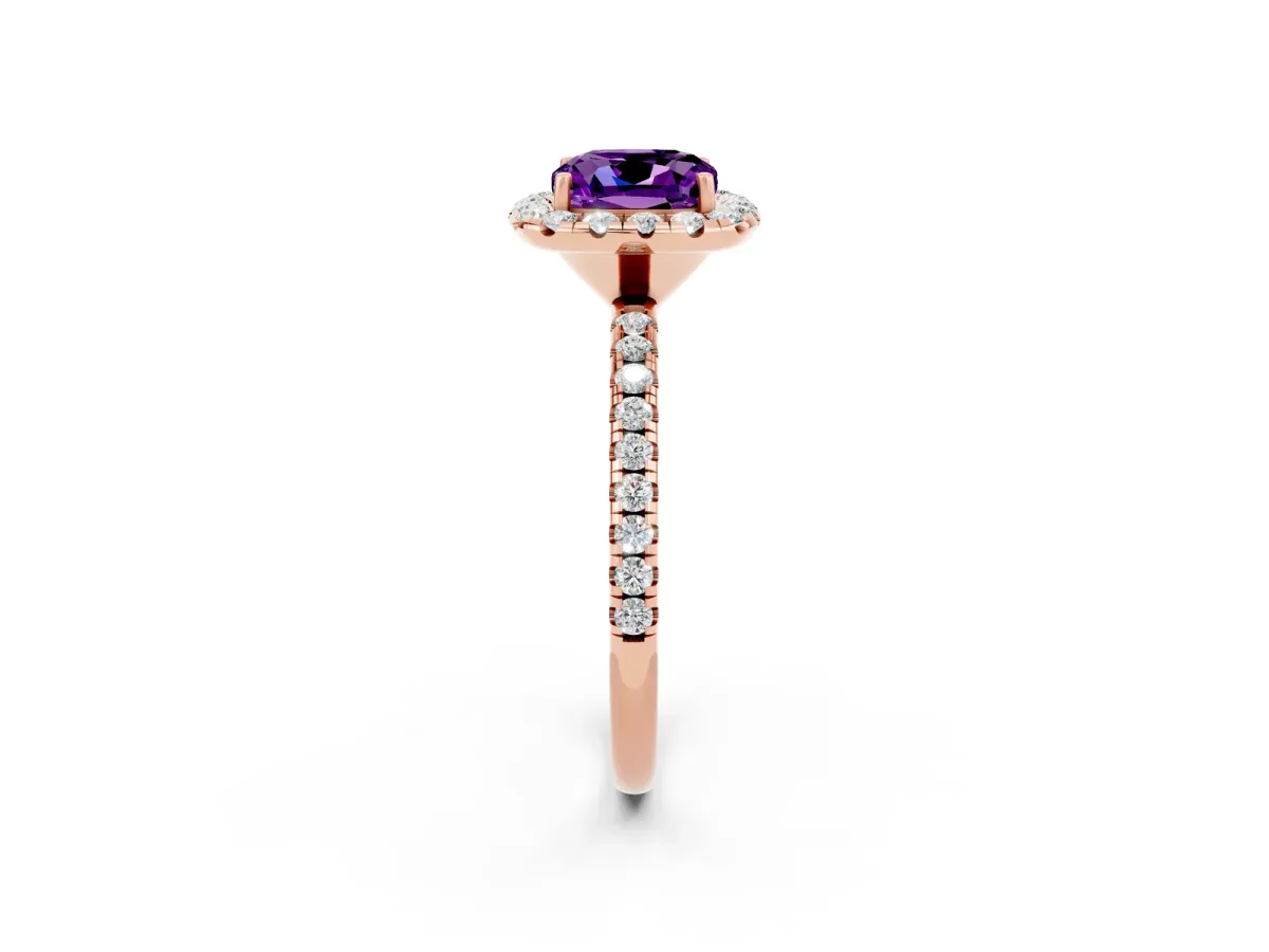 Cushion Cut Amethyst Halo Ring with Round Pavé Band and Prong Setting Rose gold