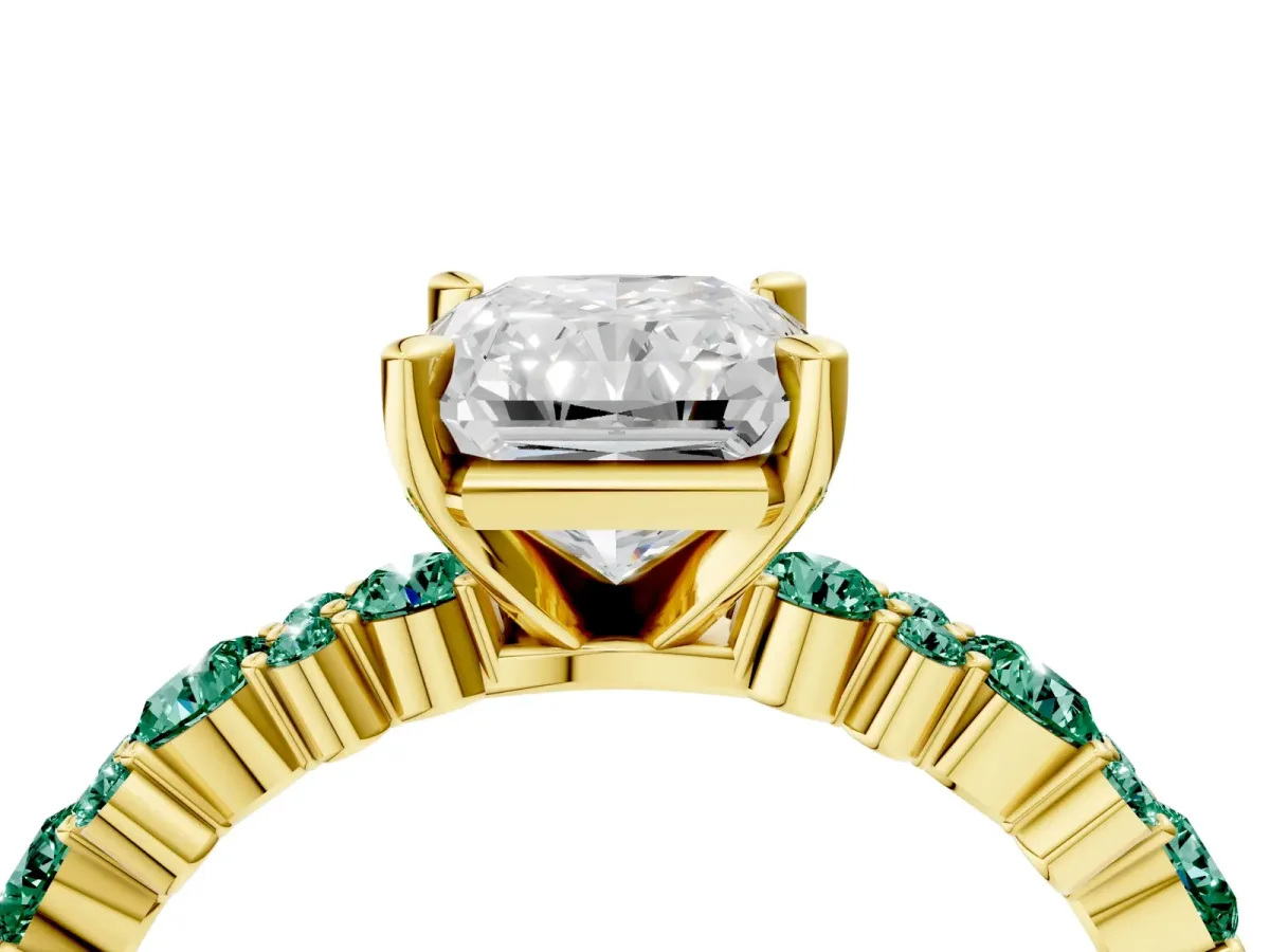 Radiant Cut Diamond Side Stone Solitaire Ring with Round Green Sapphire and Four-Prong Setting Yellow gold