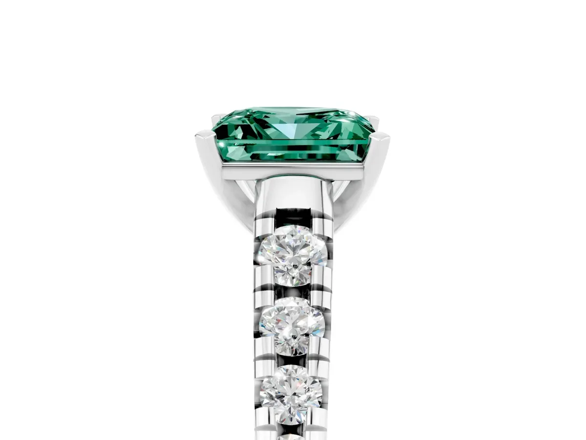 Princess Cut Green Sapphire Cathedral Solitaire Ring with Round Pavé Band White gold