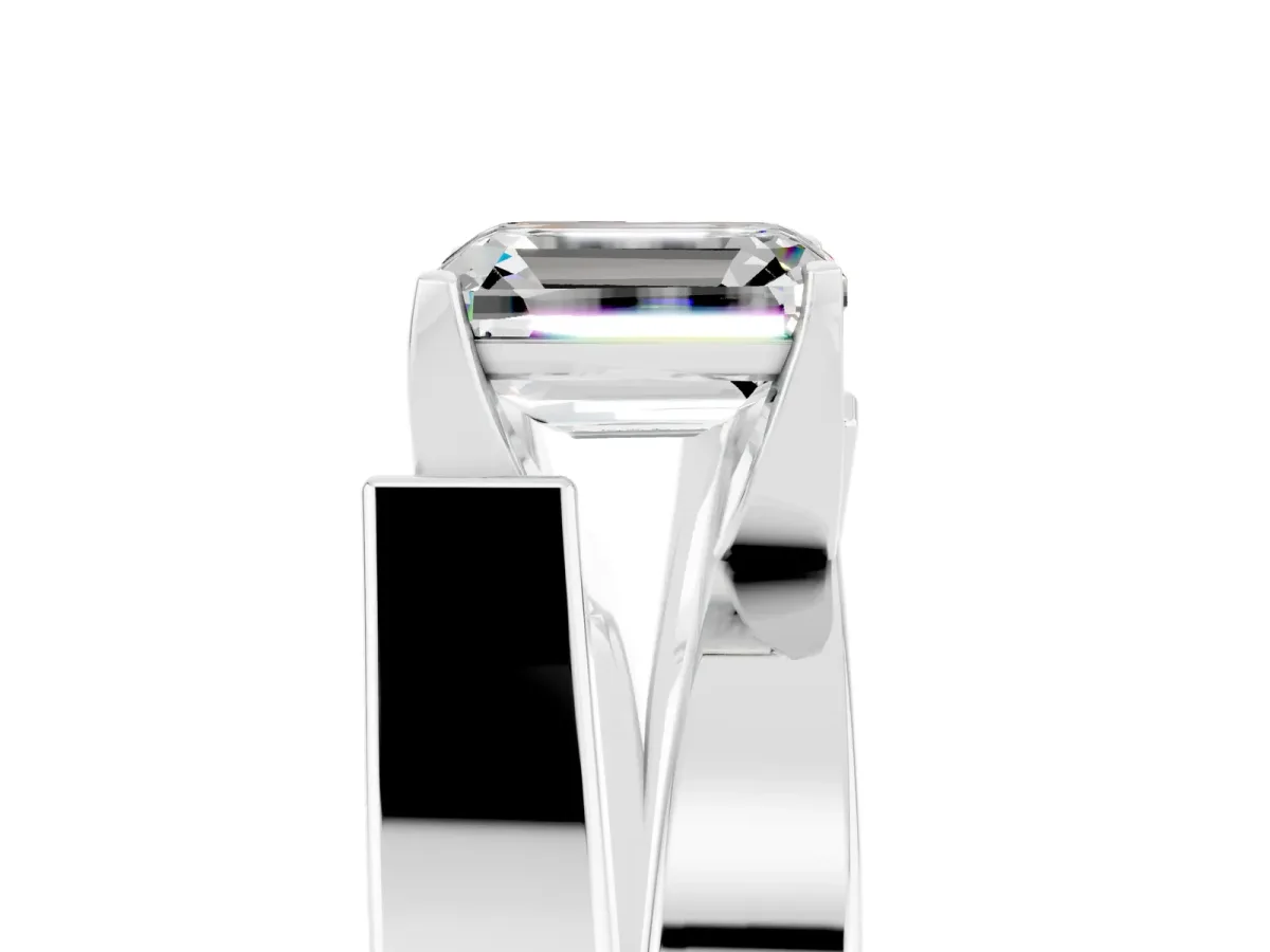 Modern Tension Set Emerald Cut Moissanite Solitaire Wide Band Ring Platinum