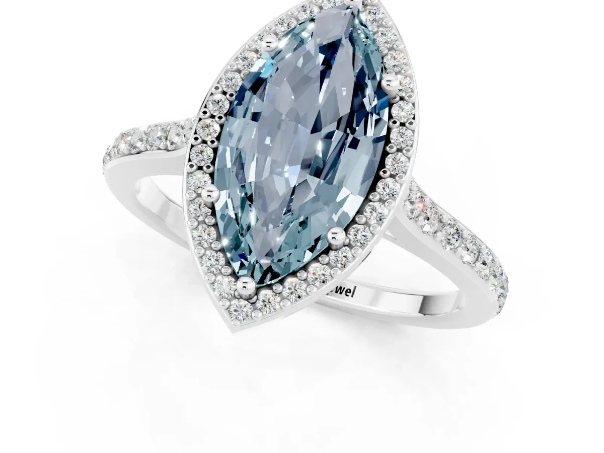 Marquise Cut Aquamarine Halo Engagement Ring with Round Pavé Shoulders and Prong Setting Silver