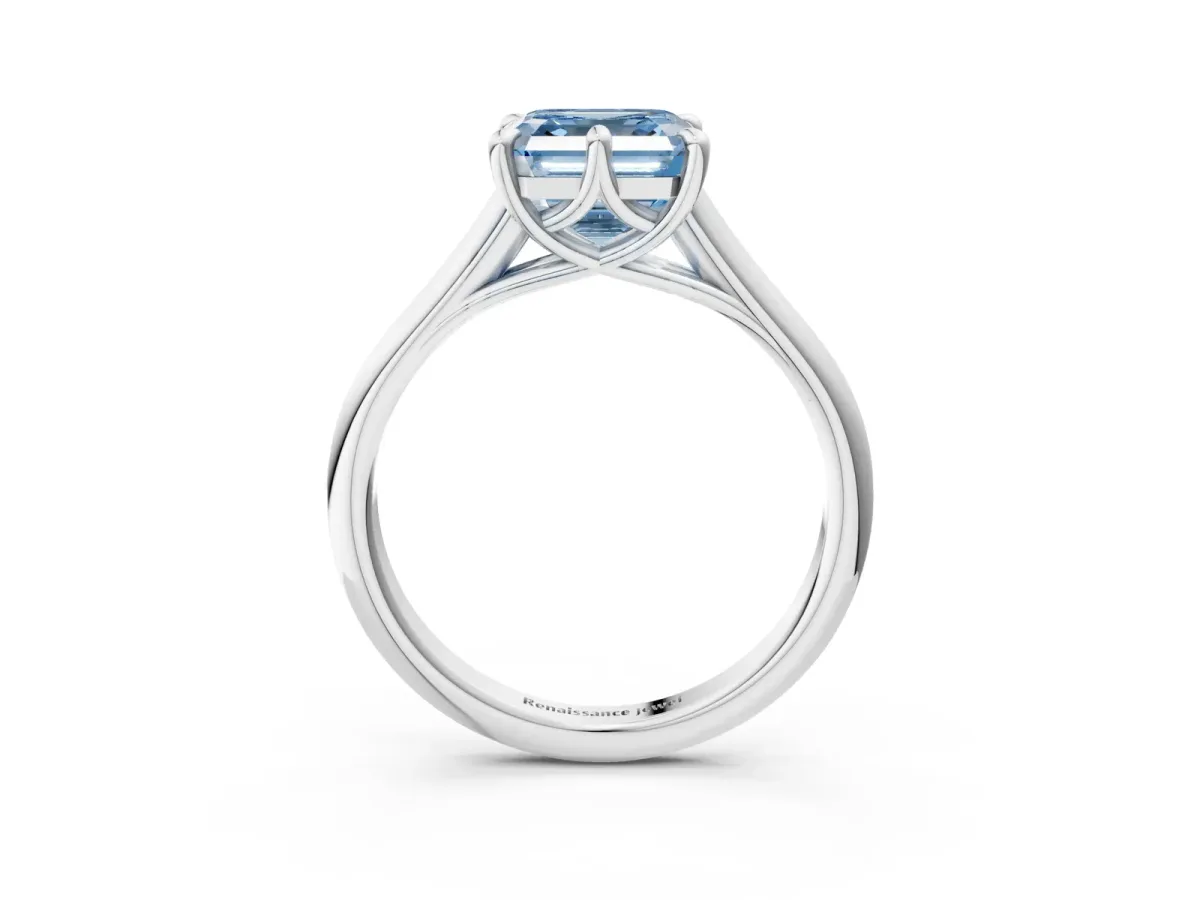 Fancy Blue Asscher Cut Solitaire Engagement Ring with Six-Prong Setting and Classic Band Platinum
