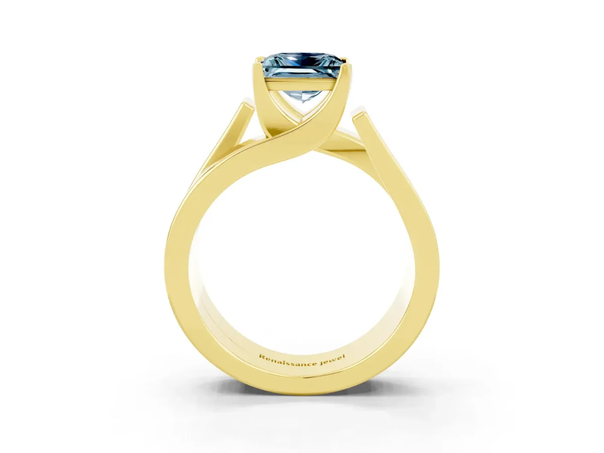 Modern Tension Set Princess Cut Aquamarine Solitaire Wide Band Ring Yellow gold