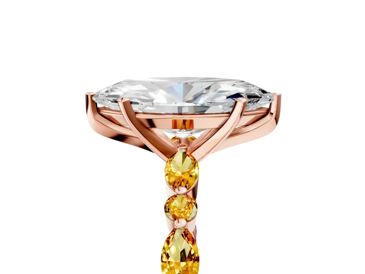 Marquise Cut Diamond Ring with Marquise and Round Citrine Side Stones and Four-Prong Setting Rose gold