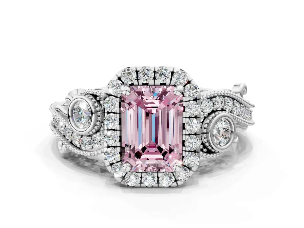 Fancy Pink Emerald Cut Diamond Halo Ring with Milgrain Pavé Band and Four-Prong Setting White gold
