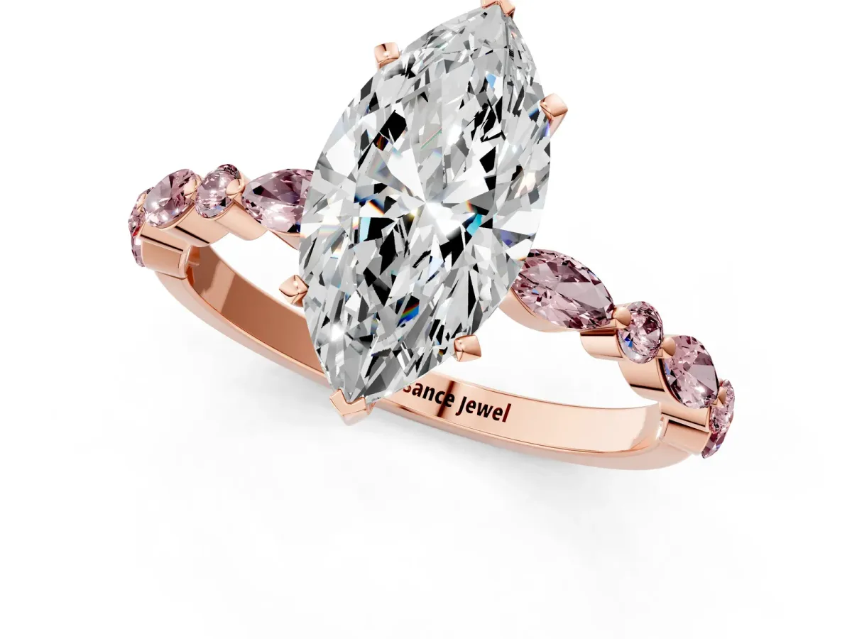 Marquise Cut Diamond Ring with Marquise and Round Morganite Side Stones and Four-Prong Setting Rose gold