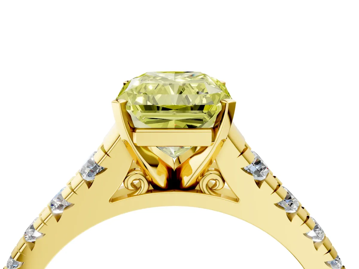 Fancy Yellow Radiant Cut Diamond Cathedral Solitaire Ring with Round Pavé Band Yellow gold