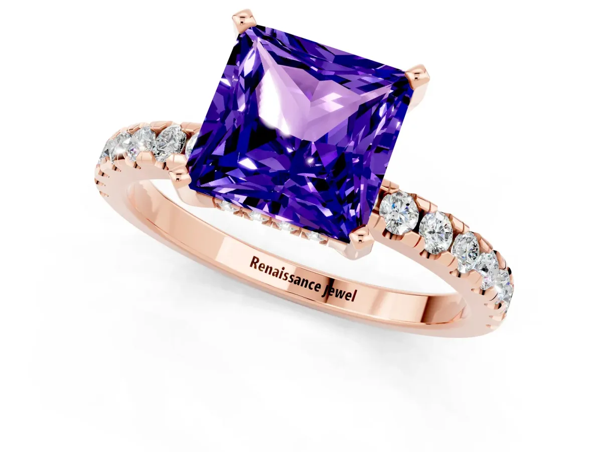 Princess Cut Tanzanite Solitaire Ring with Round Pavé Band and Four-Prong Setting Rose gold