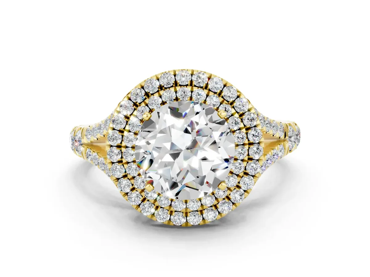 Round Cut Moissanite Double Halo Ring with Split Shank and Prong Setting Yellow gold