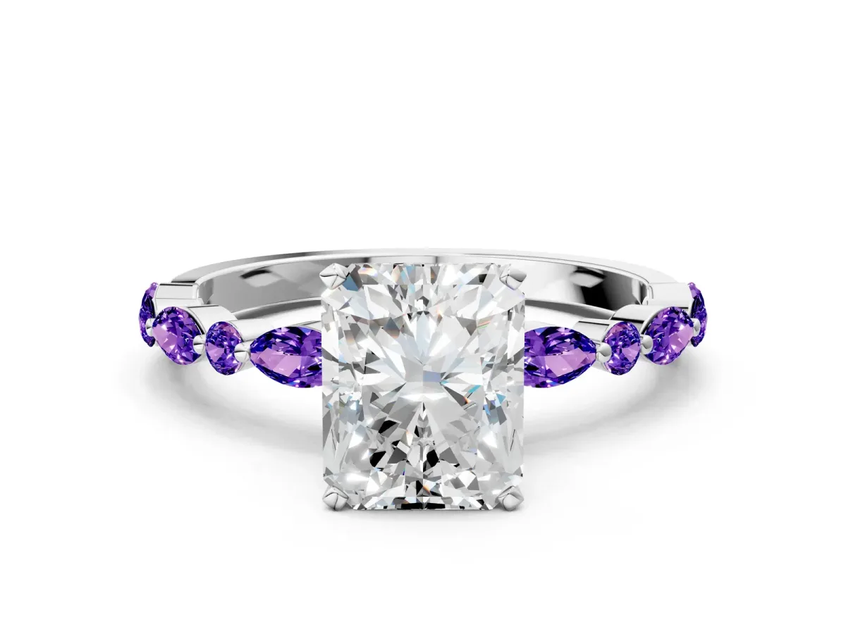 Radiant Cut Diamond Ring with Marquise and Round Tanzanite Side Stones and Four-Prong Setting White gold