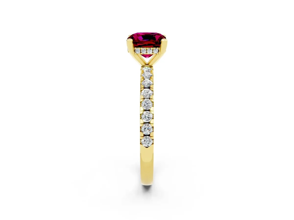 Cushion Cut Garnet Solitaire Ring with Round Pavé Band and Four-Prong Setting Yellow gold