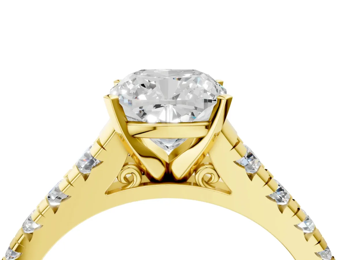 Cushion Cut Diamond Cathedral Solitaire Ring with Round Moissanite Pavé Band Yellow gold