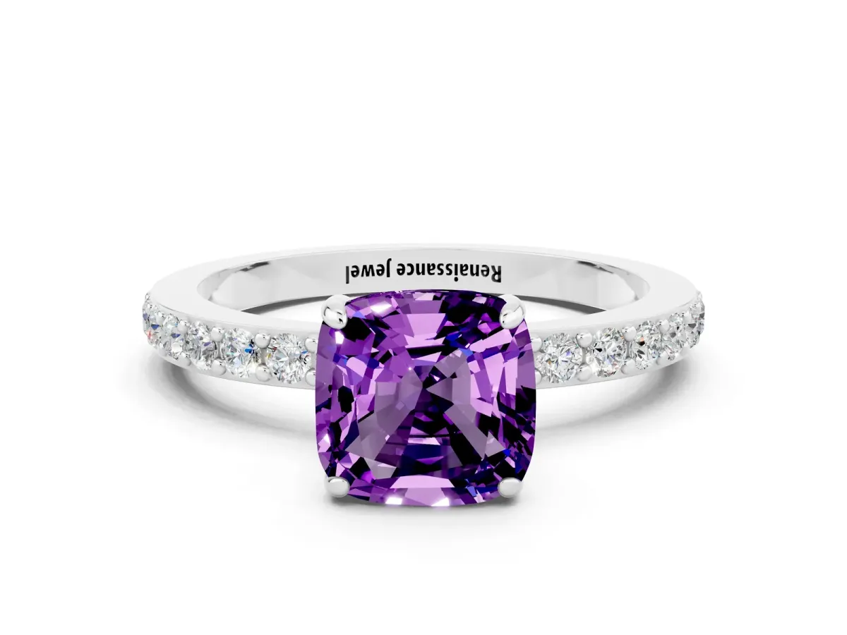 Cushion Cut Amethyst Solitaire Engagement Ring with Pavé Band and Four-Prong Setting Silver