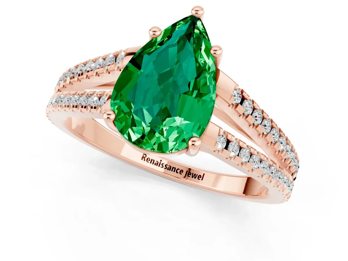Pear Cut Emerald Solitaire Engagement Ring with Split Shank Pavé Band Rose gold