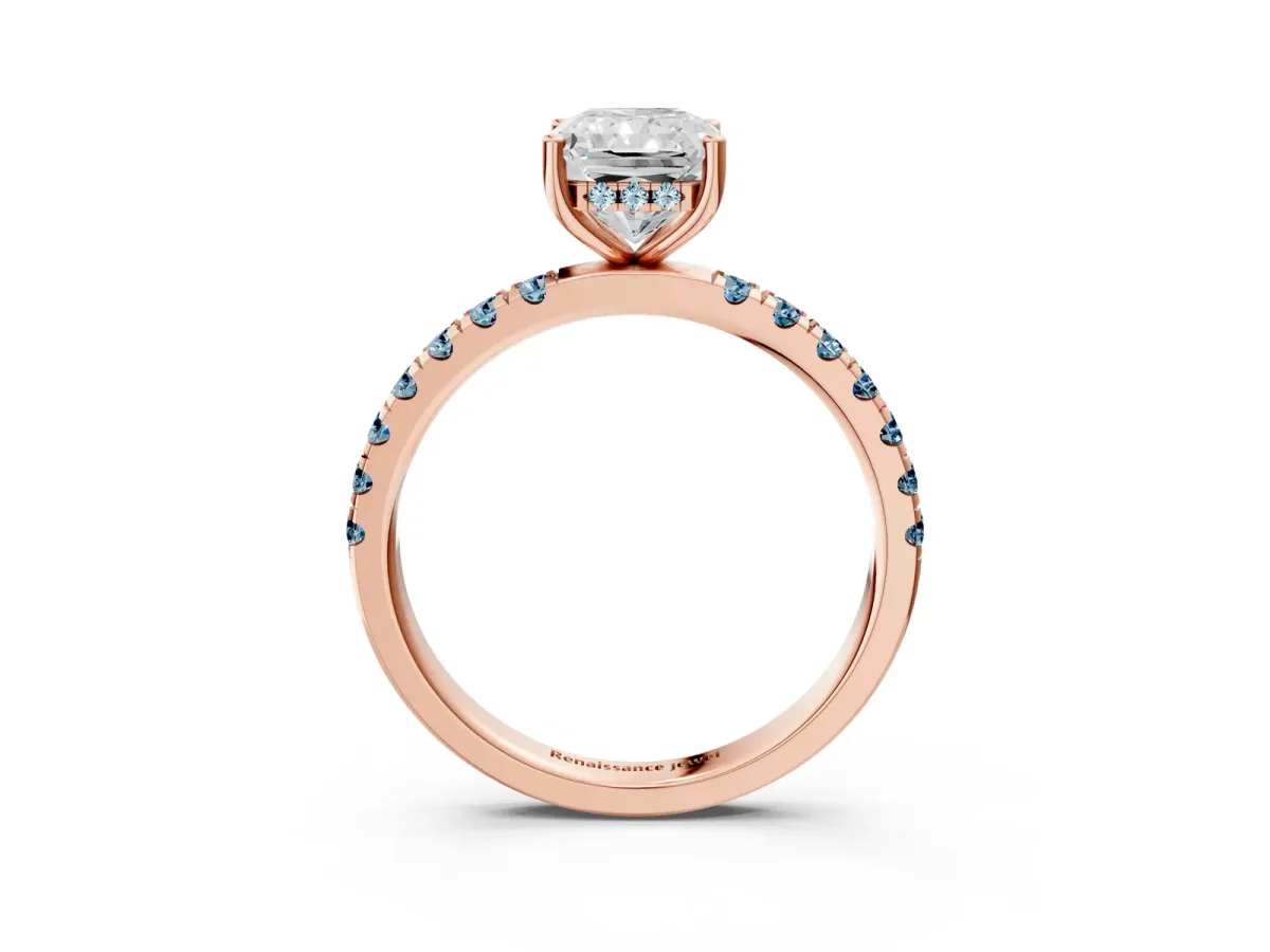 Radiant Cut Diamond Pave Band Solitaire Ring with Round Aquamarine and Prong Setting Rose gold