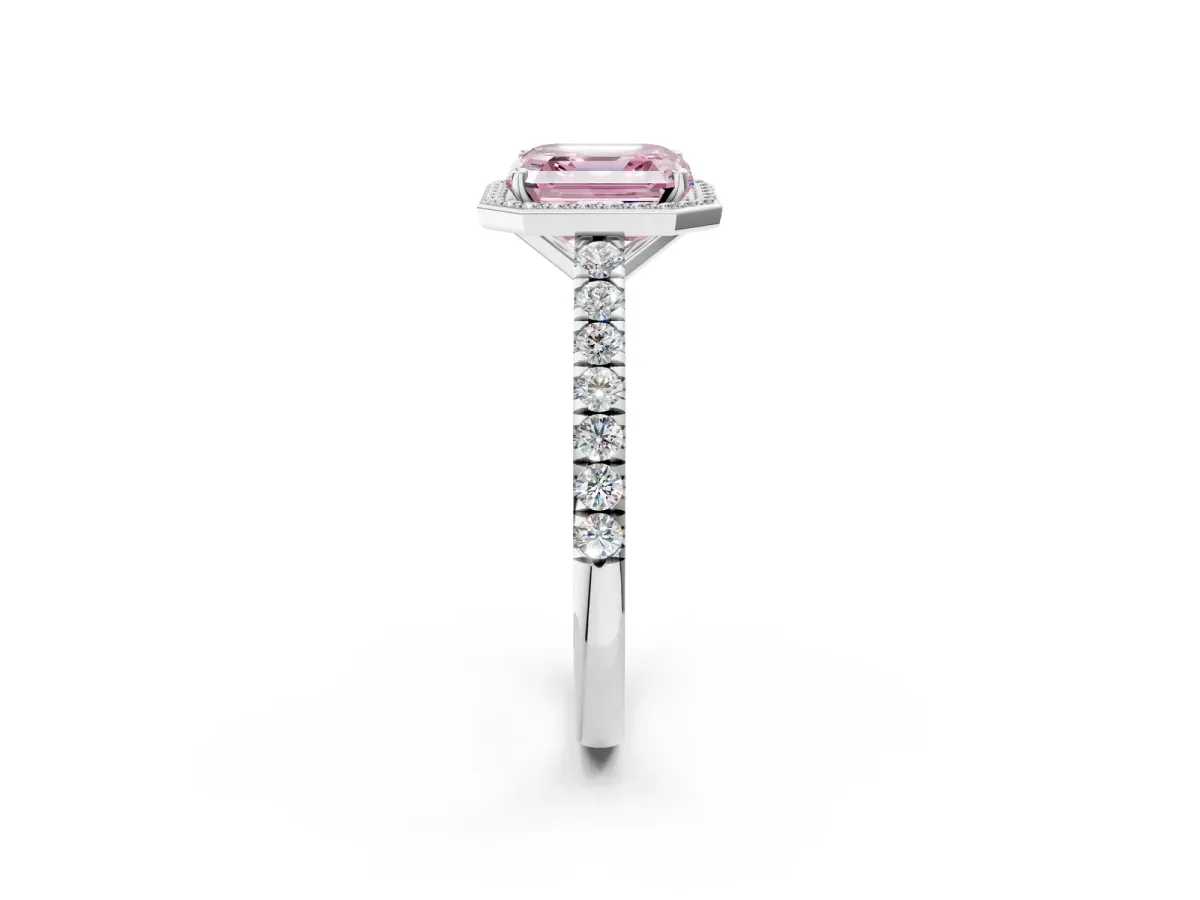Fancy Pink Asscher Cut Cut Halo Diamond Engagement Ring with Pave Band and Four-Prong Setting Platinum