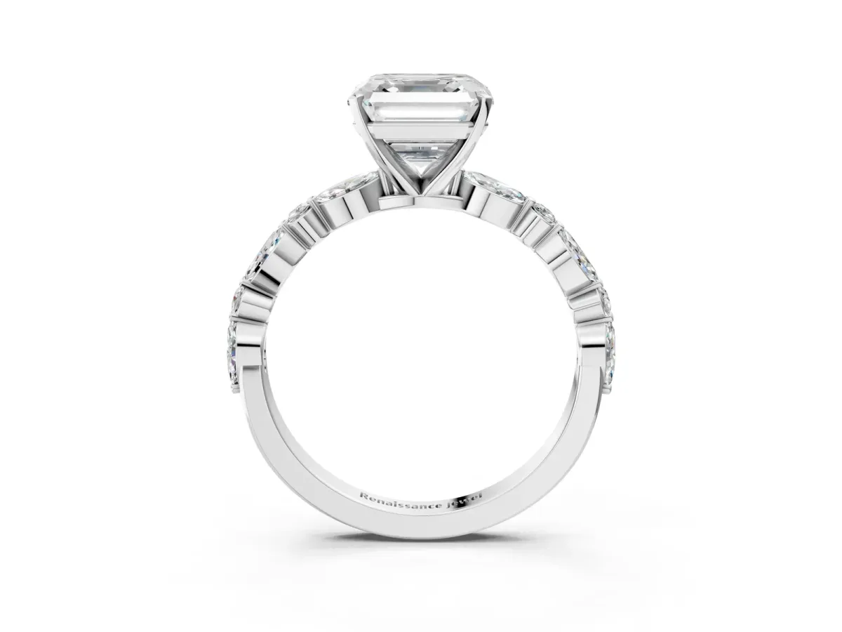 Asscher Cut Diamond Ring with Marquise and Round Moissanite Side Stones and Four-Prong Setting White gold