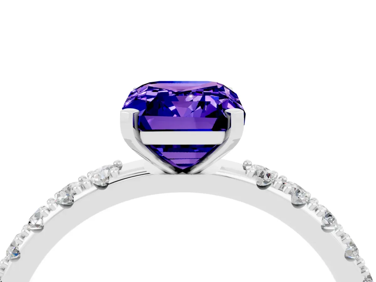 Emerald Cut Tanzanite Solitaire Pavé Band with Four-Prong Setting White gold