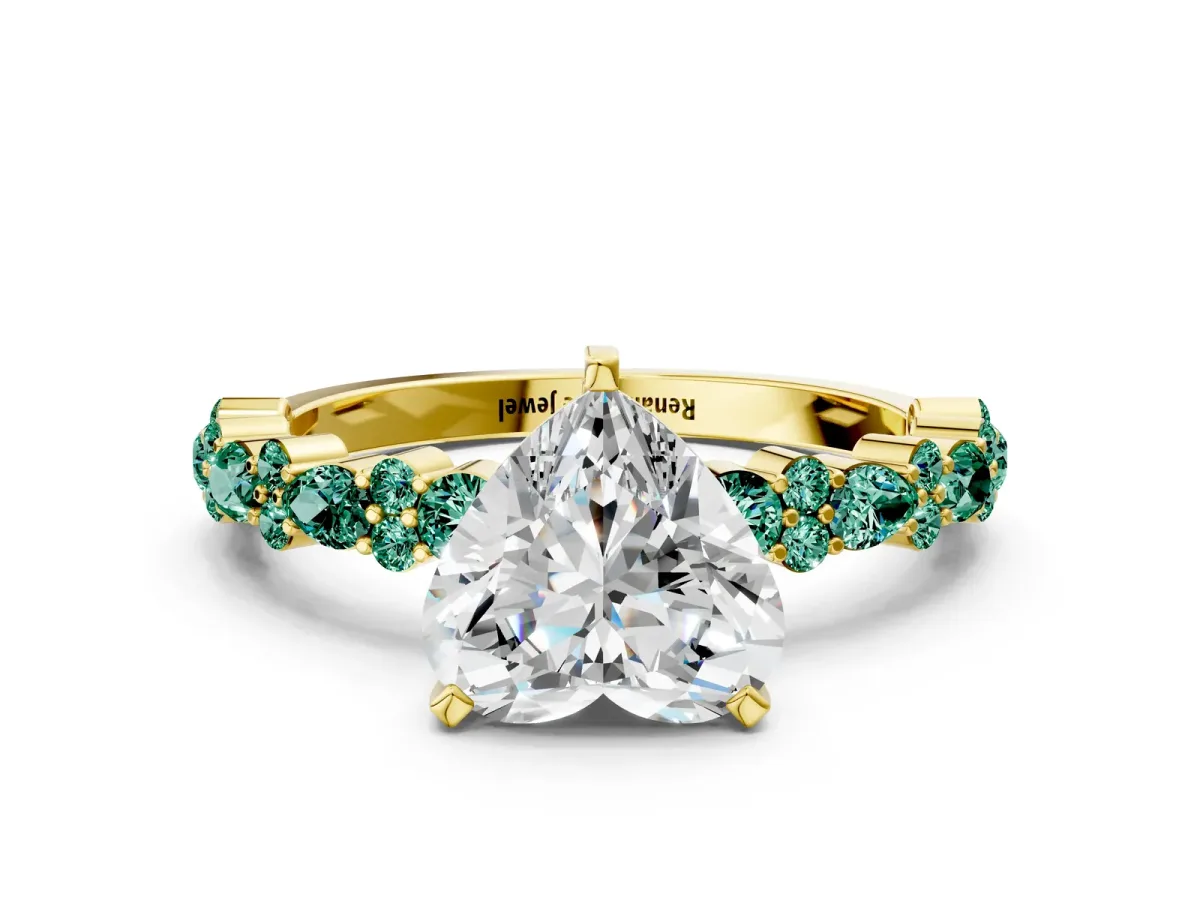 Heart Cut Diamond Side Stone Solitaire Ring with Round Green Sapphire and Four-Prong Setting Yellow gold