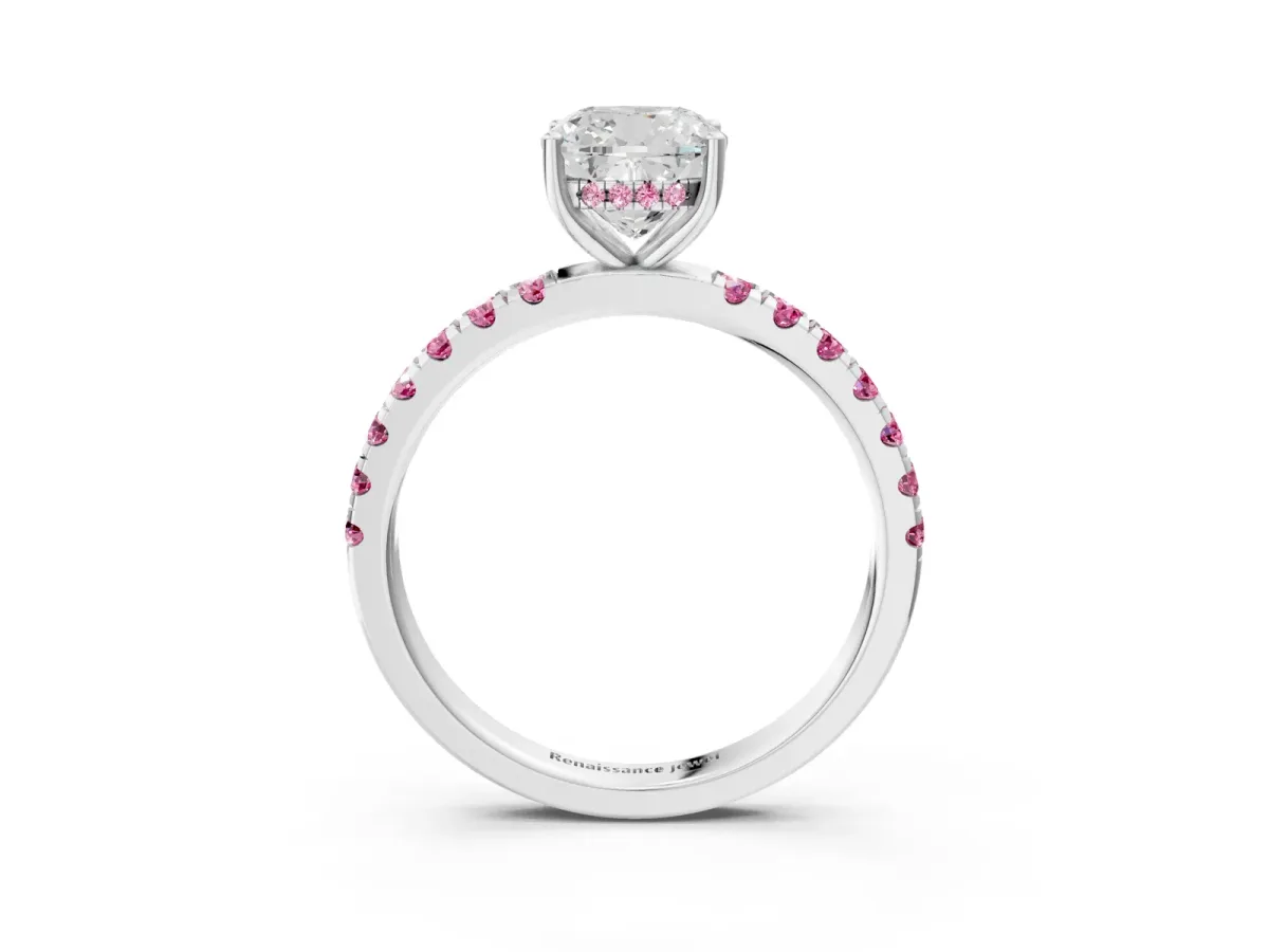 Cushion Cut Diamond Pave Band Solitaire Ring with Round Pink Sapphire and Prong Setting White gold