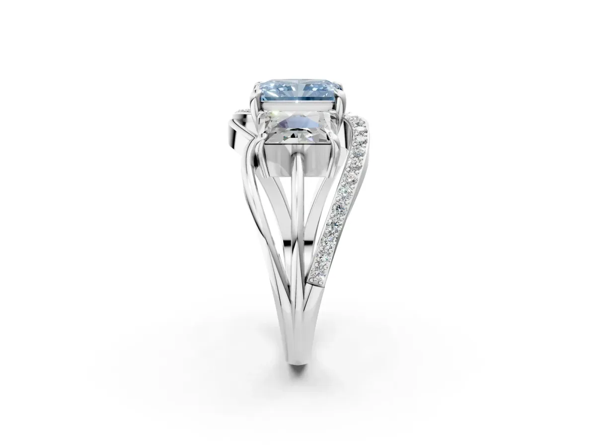 Fancy Blue Three-Stone Radiant Cut Cut Diamond Split Shank Prong Set Ring Platinum