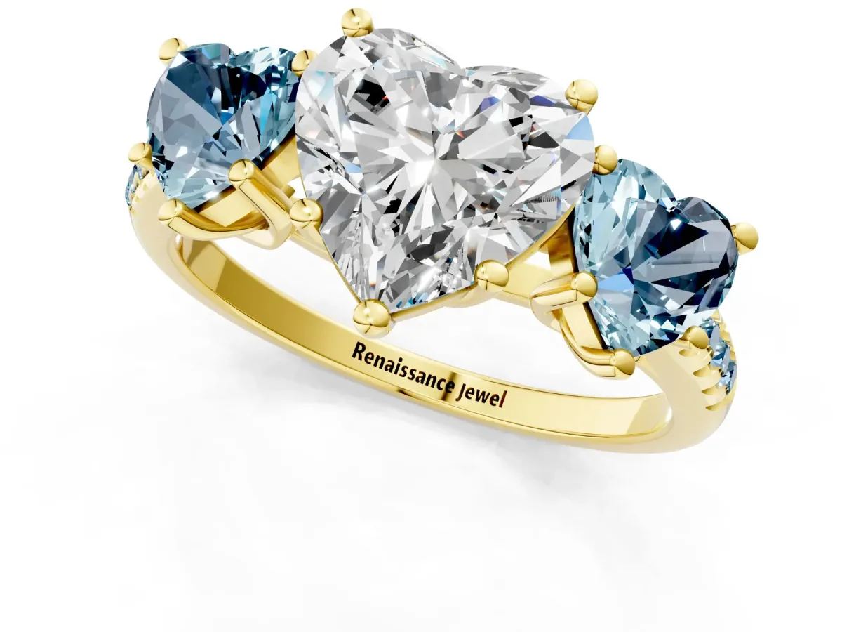 Three-Stone Heart Cut Diamond Ring with Round Aquamarine Pavé Band and Prong Setting Yellow gold