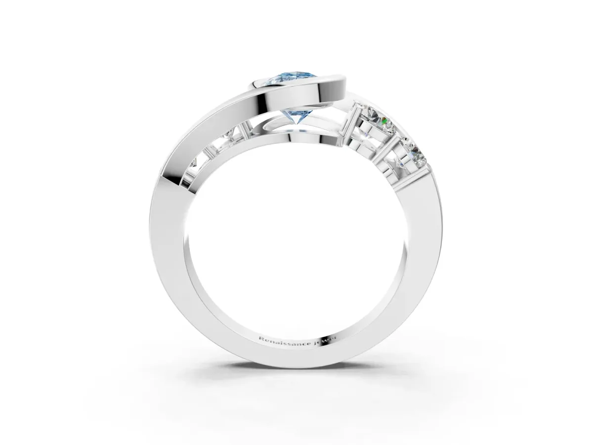 Fancy Blue Bezel Set Pear Cut Diamond Bypass Ring with Round Accents Platinum