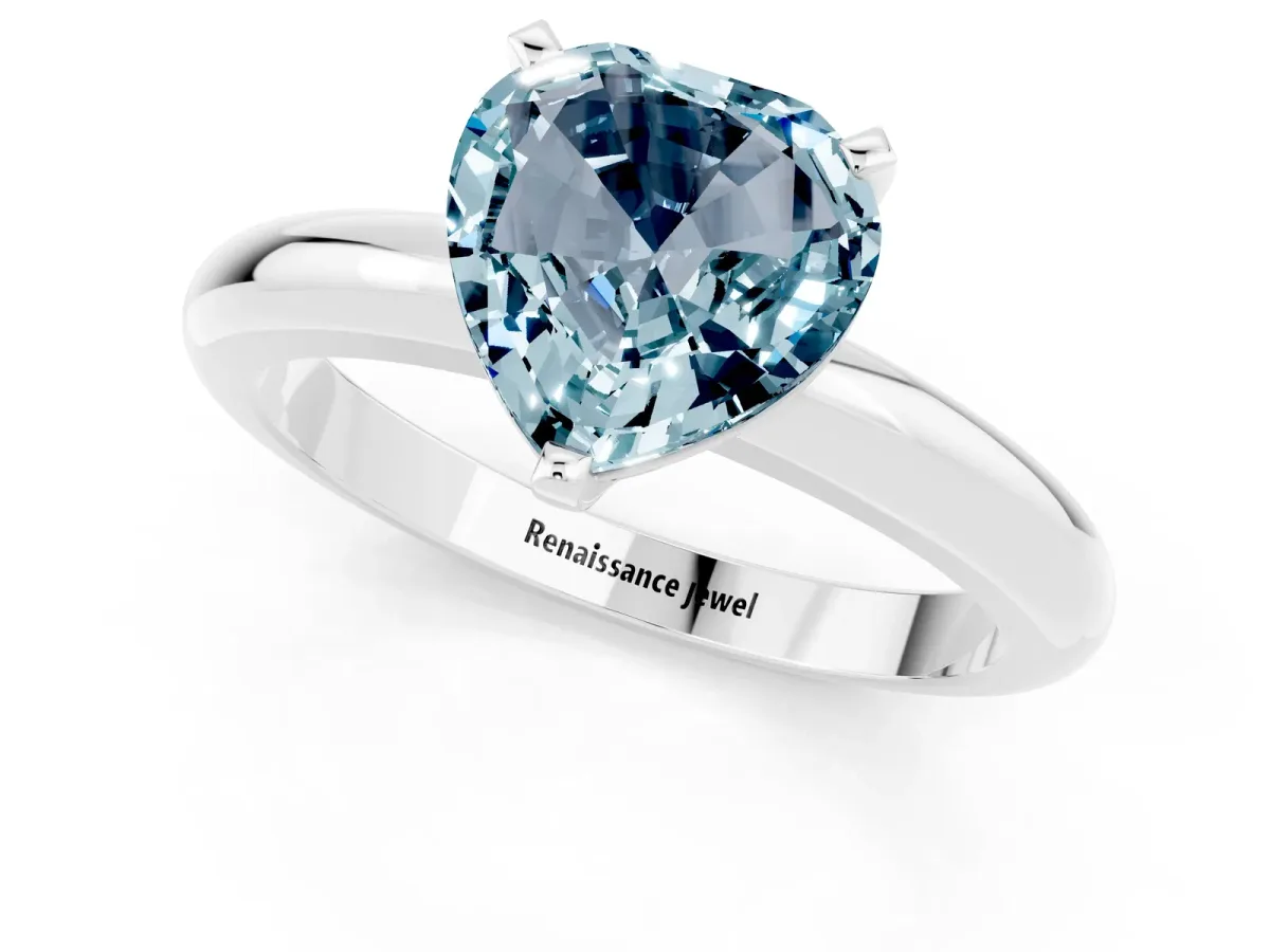Heart Cut Aquamarine Solitaire Engagement Ring with Round Band and Four-Prong Setting White gold