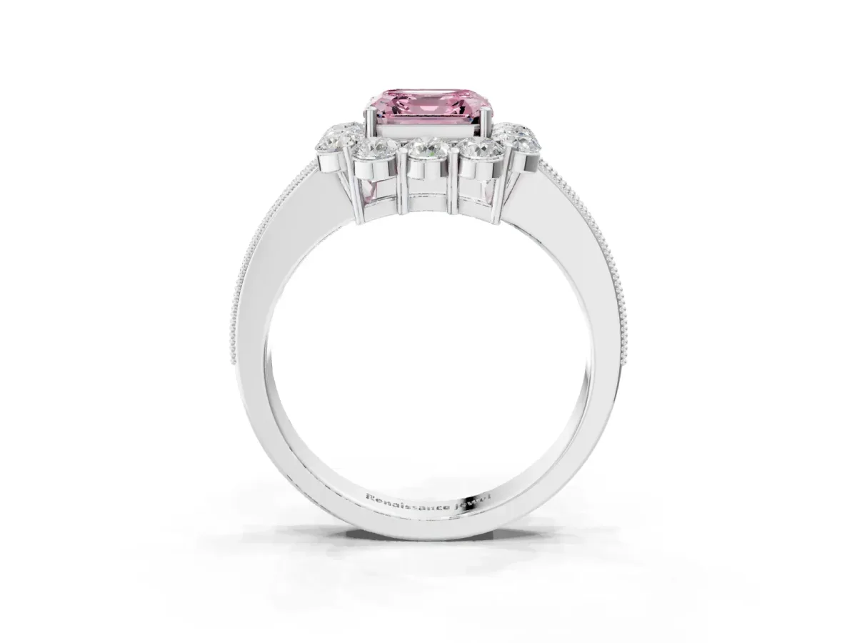 Fancy Pink Asscher Cut Cut Halo Diamond Pavé Engagement Ring with Milgrain Detailing Platinum