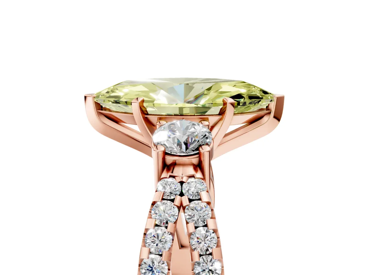 Fancy Yellow Marquise Cut Diamond Three-Stone Ring with Pavé Split Shank and Four-Prong Setting Rose gold