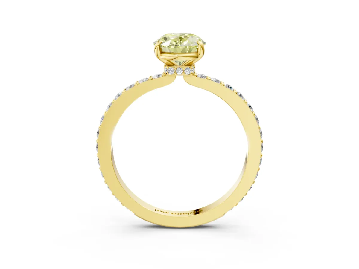 Fancy Yellow Oval Cut Diamond Solitaire Engagement Ring with Pavé Band and Four-Prong Setting Yellow gold