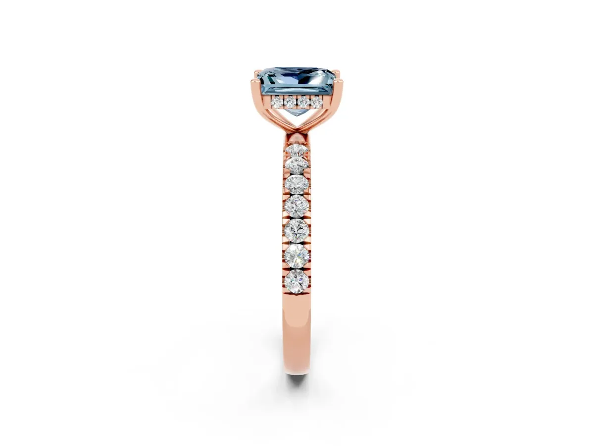 Princess Cut Aquamarine Pave Band Solitaire Ring with Round and Prong Setting Rose gold
