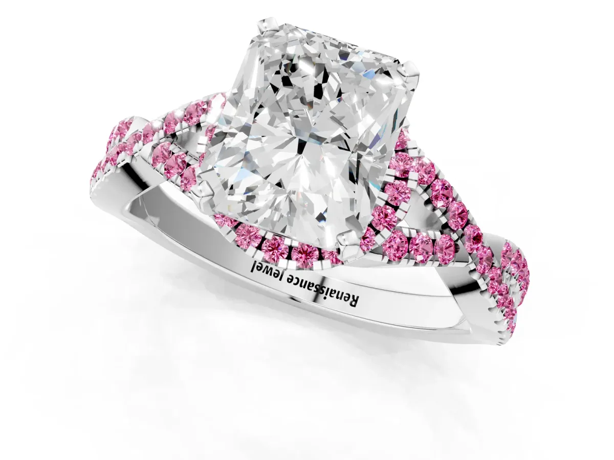 Radiant Cut Diamond Pink Sapphire Halo Twist Band Solitaire Prong Setting Ring White gold