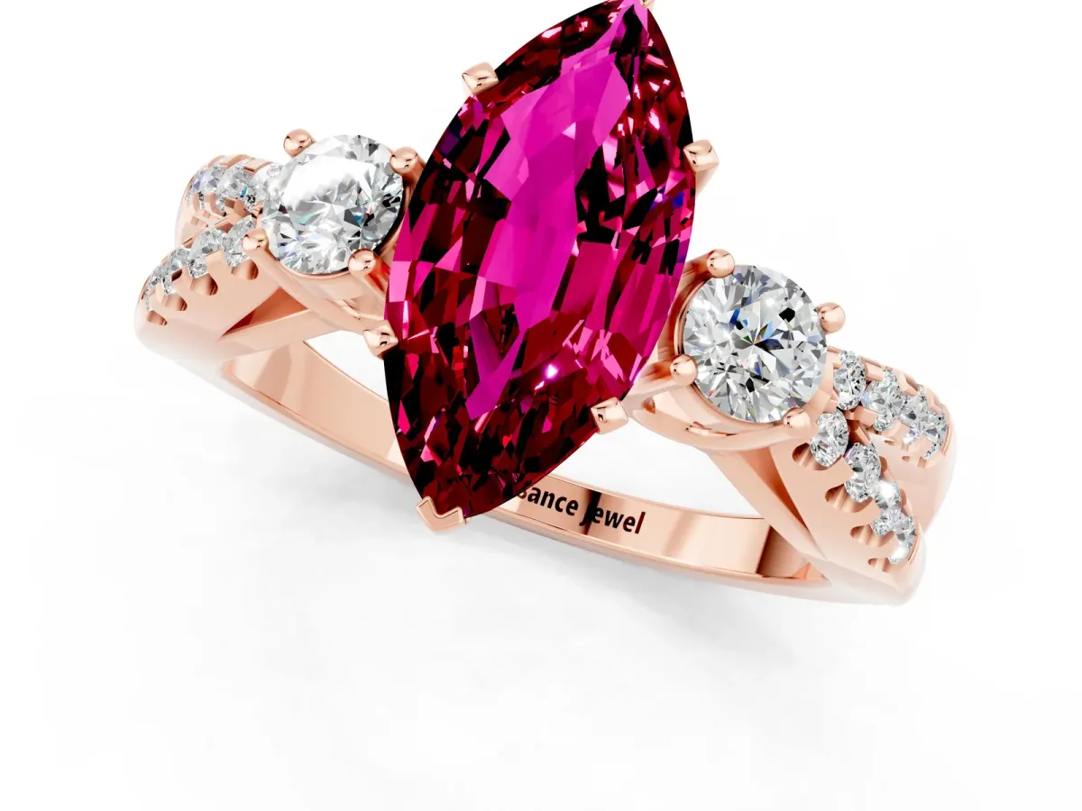Marquise Cut Garnet Three-Stone Ring with Pavé Split Shank and Four-Prong Setting Rose gold