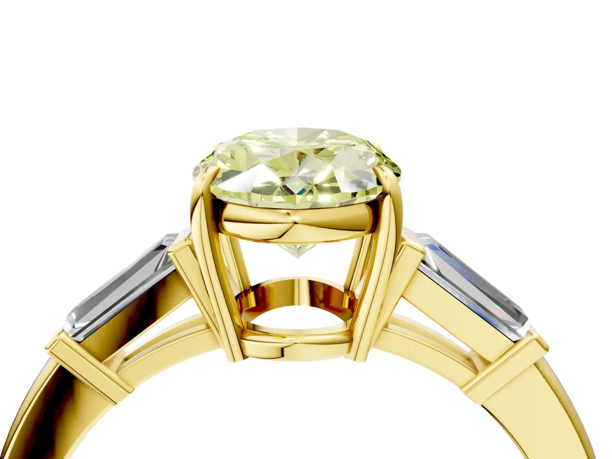 Fancy Yellow Oval Cut Diamond Three-Stone Ring with Tapered Baguette Side Stones and Prong Setting Yellow gold