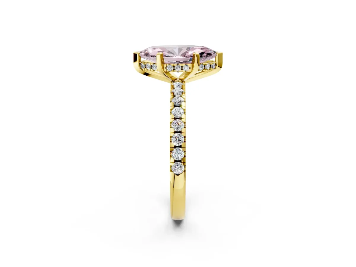 Fancy Pink Marquise Cut Diamond Solitaire Ring with Round Pavé Band and Four-Prong Setting Yellow gold
