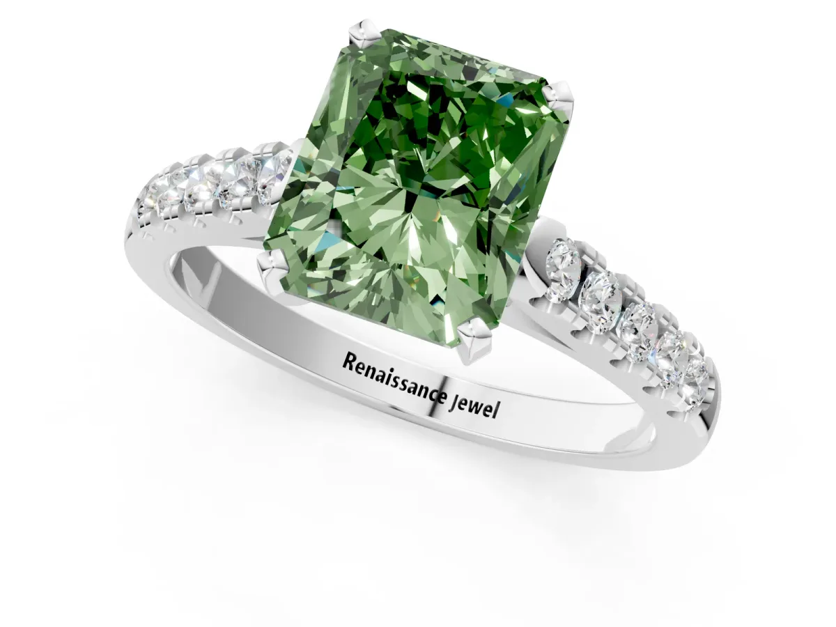 Fancy Green Radiant Cut Diamond Pavé Band Solitaire Ring with Prong Setting Platinum