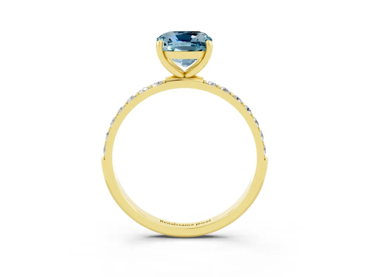 Cushion Cut Aquamarine Solitaire Ring with Round Pavé Band and Prong Setting Yellow gold