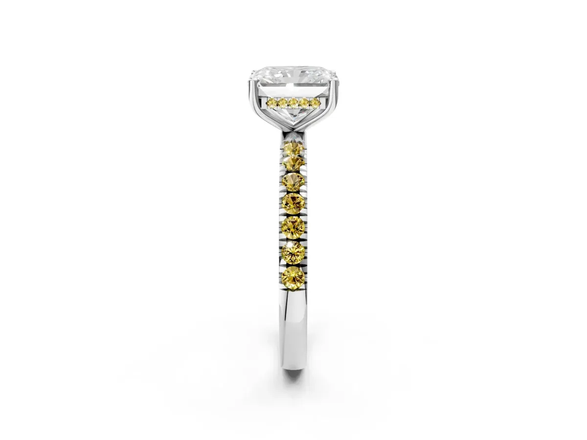 Radiant Cut Diamond Pave Band Solitaire Ring with Round Yellow Sapphire and Prong Setting White gold