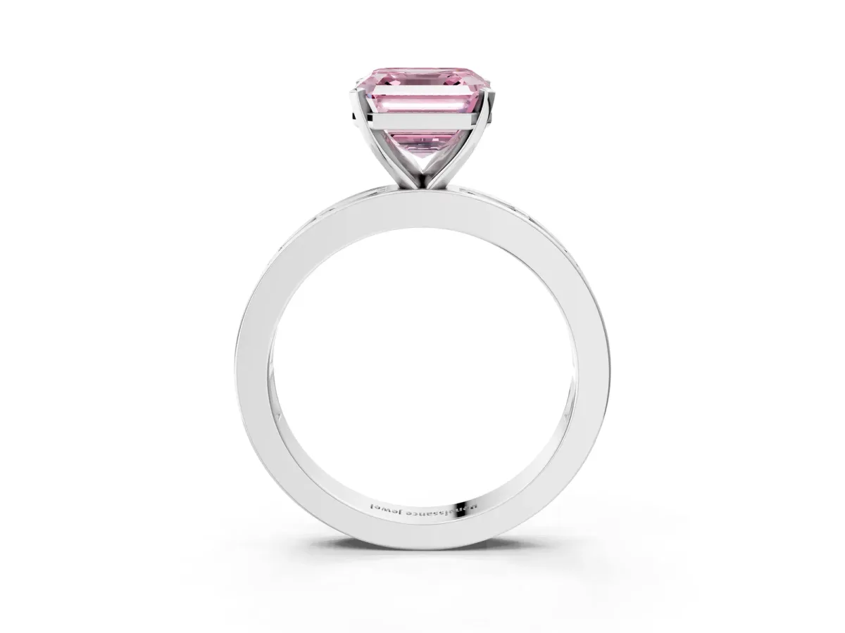 Fancy Pink Asscher Cut Solitaire Diamond Ring with Channel-Set Baguette Band and Four-Prong Setting White gold